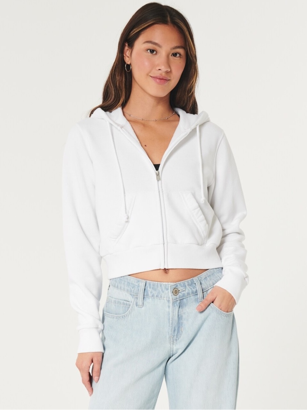 Hollister White Cropped Zip Hoodie
